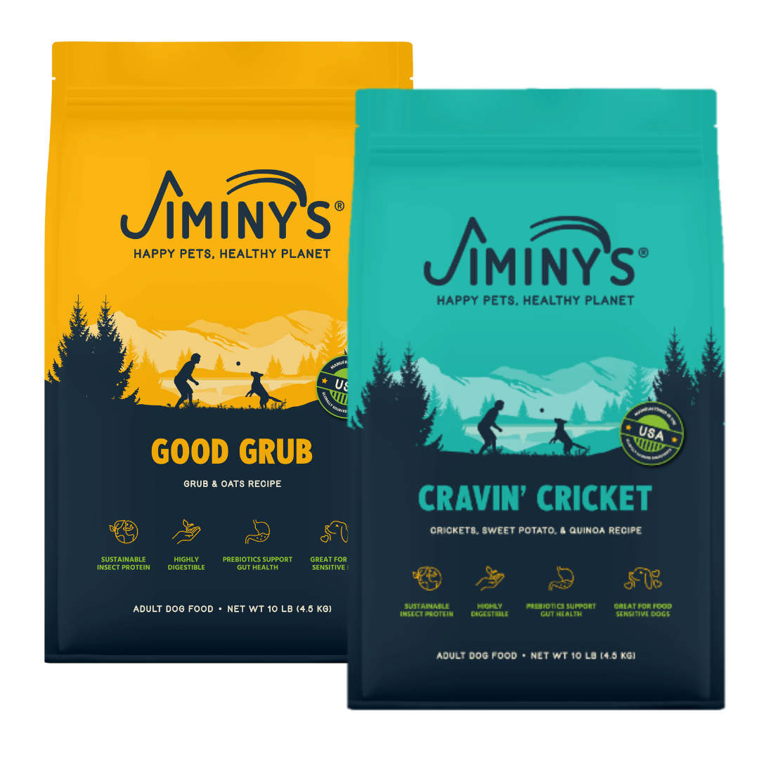 2 Bags of Jiminy's Food, rotation Diet containing 10 lb bags of Cravin' Cricket and Good Grub Dog Food