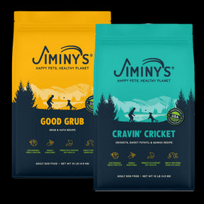 2 Bags of Jiminy's Food, rotation Diet containing 10 lb bags of Cravin' Cricket and Good Grub Dog Food