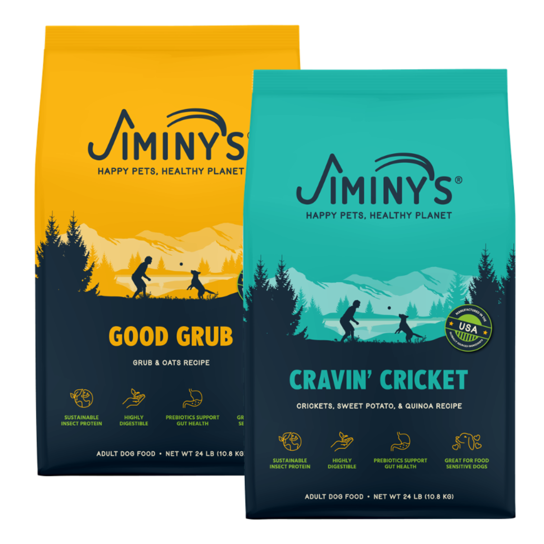 2 Bags of Jiminy's Food, rotation Diet containing 24 lb bags of Cravin' Cricket and Good Grub Dog Food
