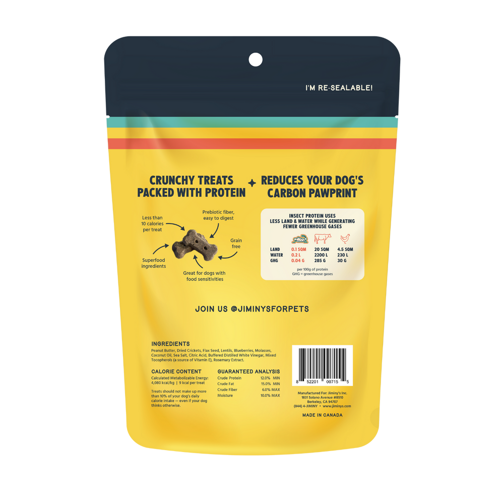 Back of bag Jiminy's Peanut Butter & Blueberry Crunchy Dog Treats