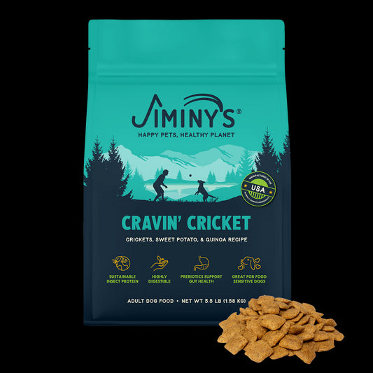 A picture of Jiminy's Cravin' Cricket dog food made with sustainable cricket protein. Food in front of bag.