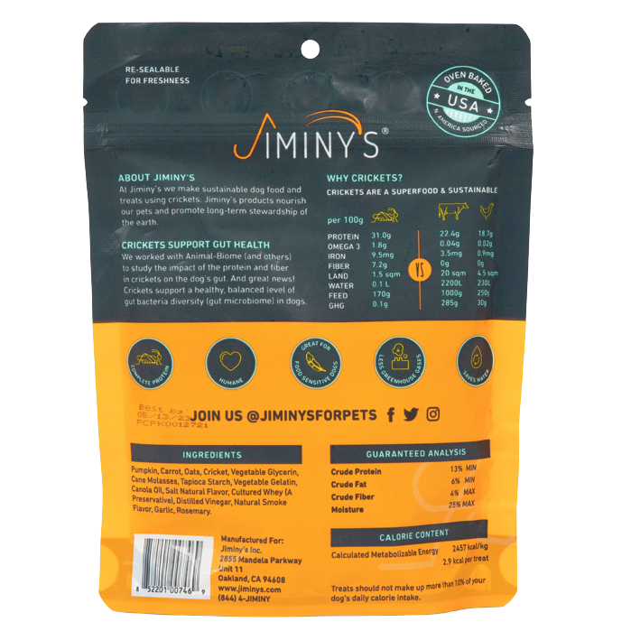 Jiminy's Pumpkin and Carrot Soft and Chewy Training Treats with Cricket Protein back of the pack