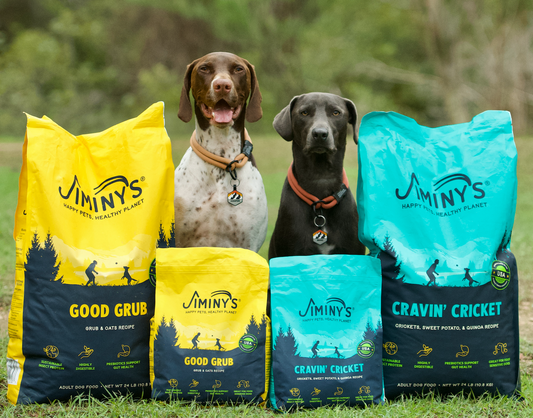 Jiminy's Good Grub and Cravin' Cricket Dog Food for dogs with allergies, gut health issues and oral health problems