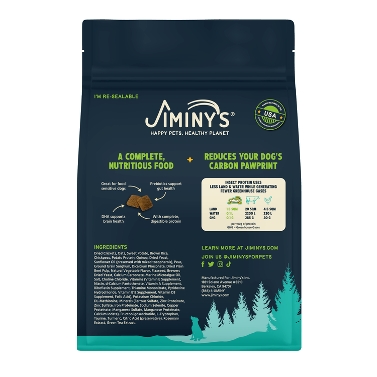 Back of Jiminy's Cravin' Cricket Dog Food Bag