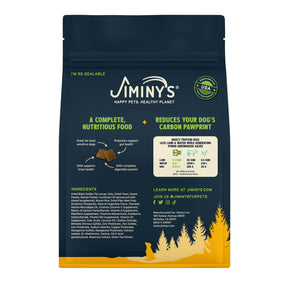 Back of bag of Jiminy's Good Grub sustainable dog food made with insect protein.