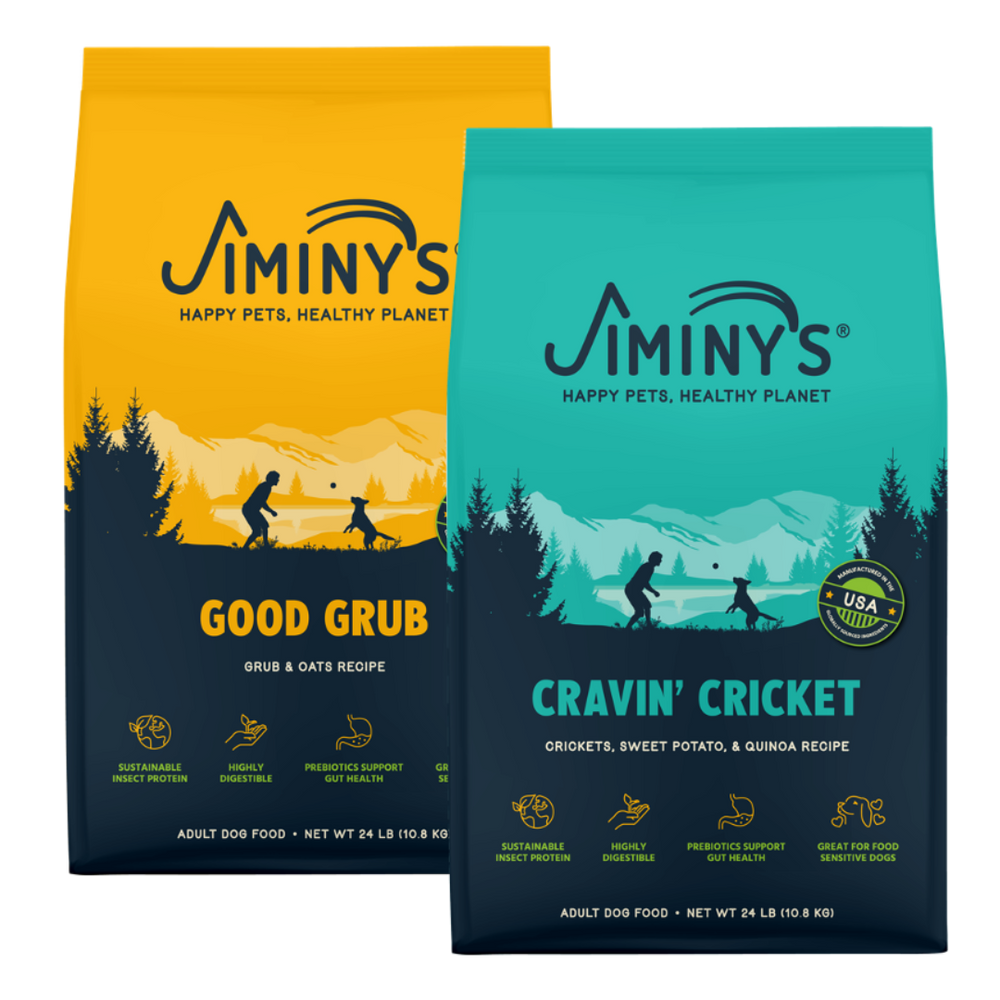 2 Bags of Jiminy's Food, rotation Diet containing 24 lb bags of Cravin' Cricket and Good Grub Dog Food