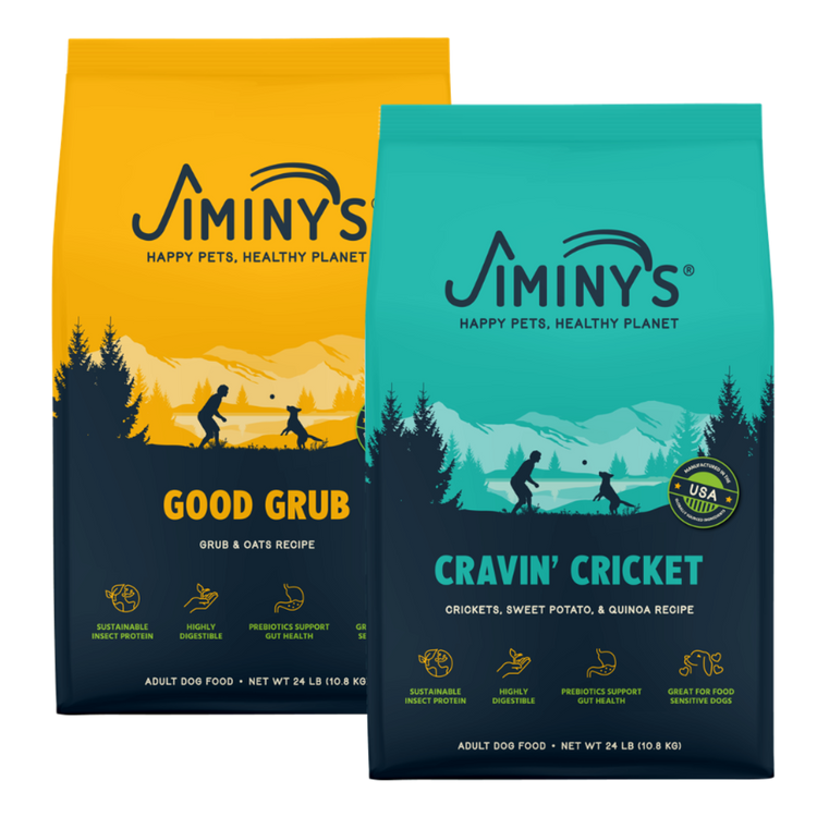 2 Bags of Jiminy's Food, rotation Diet containing 24 lb bags of Cravin' Cricket and Good Grub Dog Food