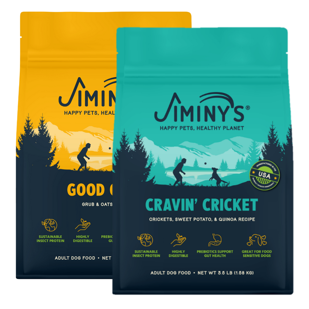 2 Bags of Jiminy's Food, rotation Diet containing 3.5 lb bags of Cravin' Cricket and Good Grub Dog Food