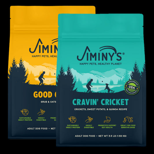 2 Bags of Jiminy's Food, rotation Diet containing 3.5 lb bags of Cravin' Cricket and Good Grub Dog Food