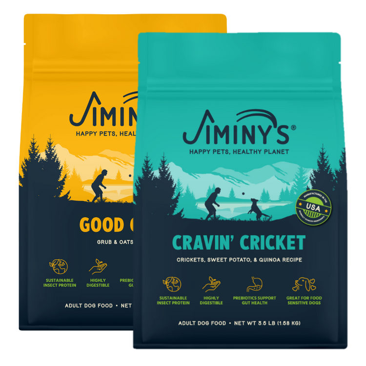 2 Bags of Jiminy's Food, rotation Diet containing 3.5 lb bags of Cravin' Cricket and Good Grub Dog Food