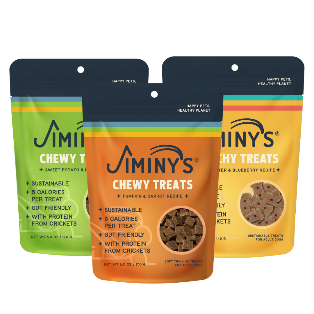 Jiminy's 3 Pack Bundle: Sweet Potato & Peas, Peanut Butter & Blueberry, and Pumpkin & Carrot Dog Treats Made of Insect Protein