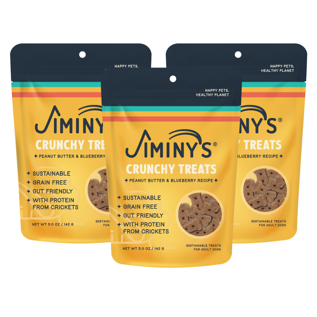 3 pack of Jiminy's Crunchy Treats. Peanut Butter and Blueberry recipe.