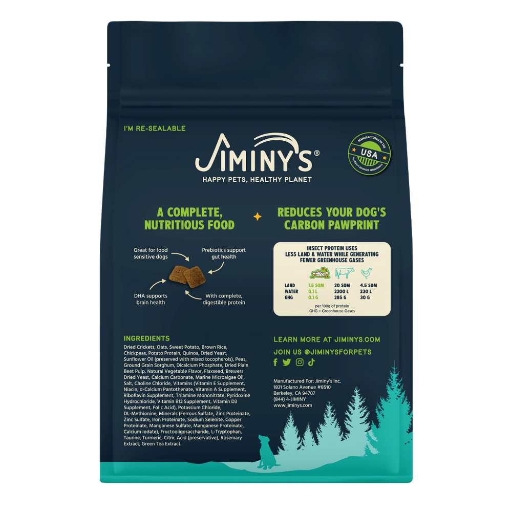 Back of Jiminy's Cravin' Cricket Dog Food Bag