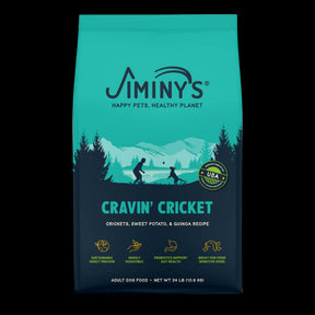 Image of a 24 lb bag of Jiminy's Cravin' Cricket dog food 