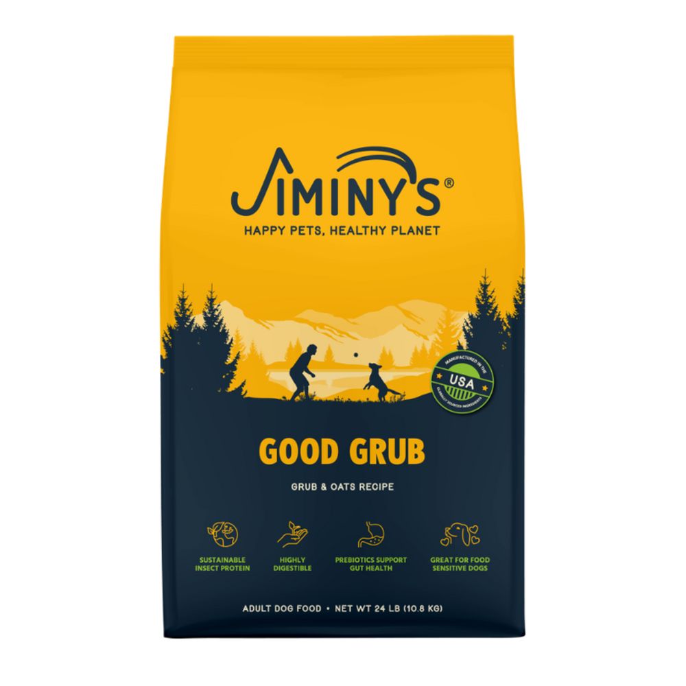 Jiminy's Good Grub Dog Food front of 24 lb bag