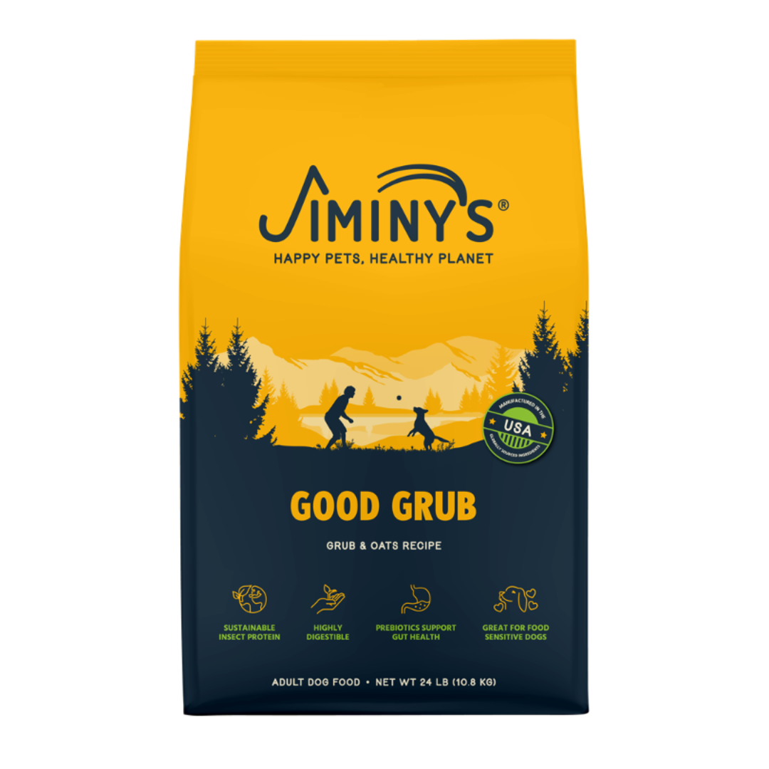 Jiminy's Good Grub Dog Food front of 24 lb bag