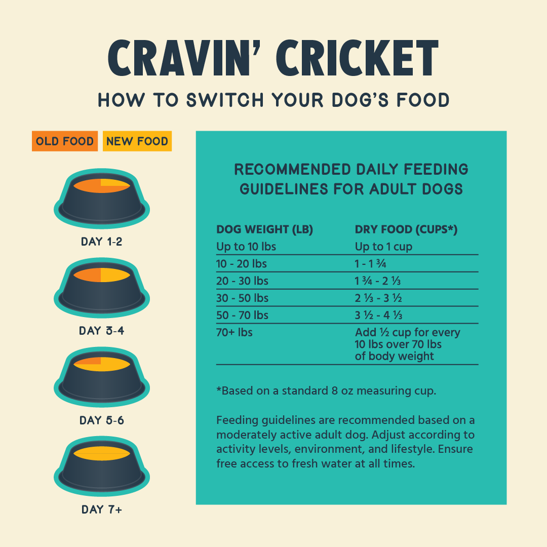Illustration of how to switch a dog from one food to Jiminy's Cravin' Cricket Dog Food.