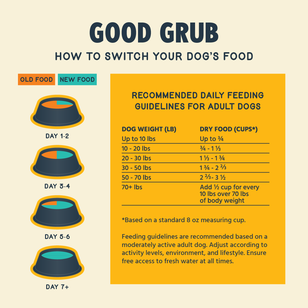 Illustration of how to switch a dog from one dog food to Jiminy's Good Grub sustainable dog food made with insect protein