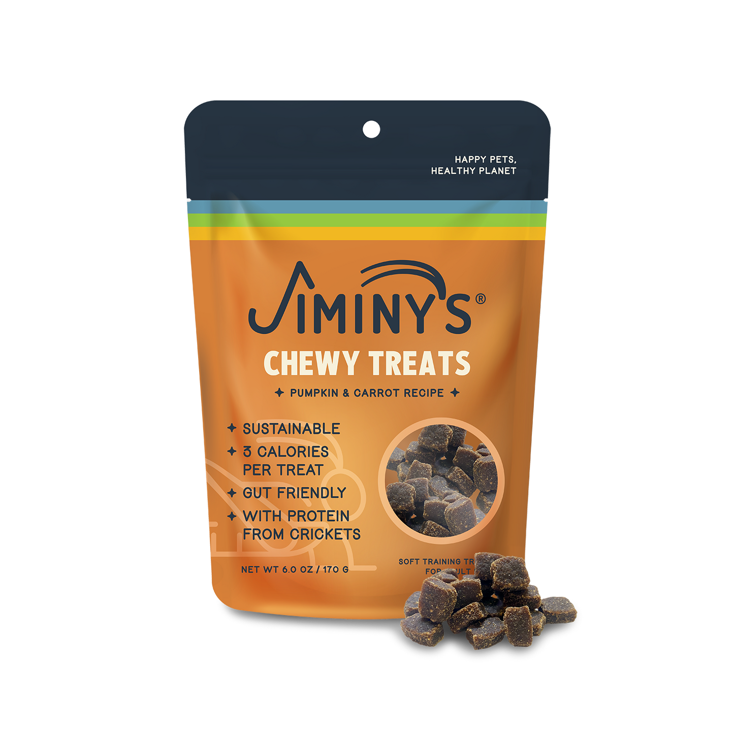 Jiminy's Pumpkin and Carrot: Soft and Chewy Training Treats with Cricket Protein front of the pack