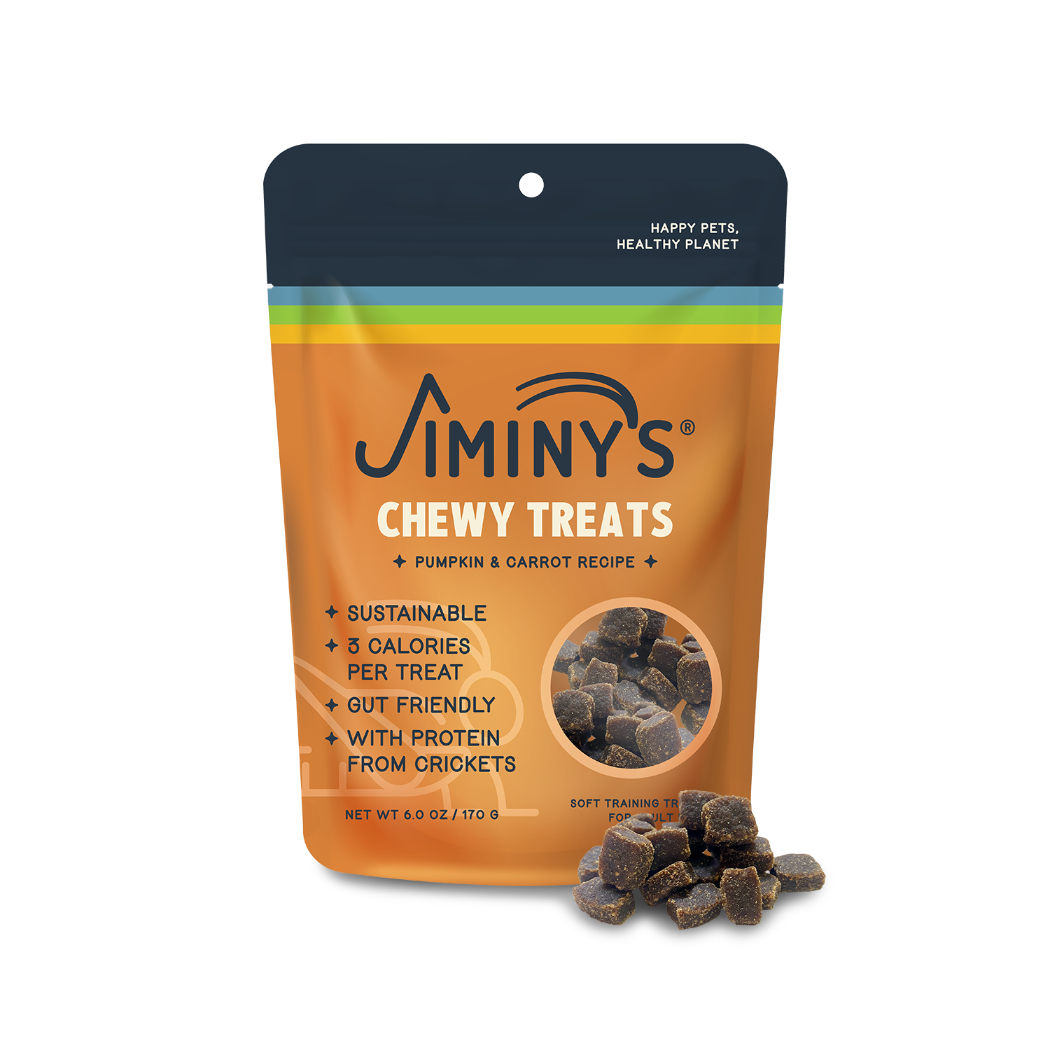 Jiminy's Pumpkin and Carrot: Soft and Chewy Training Treats with Cricket Protein front of the pack