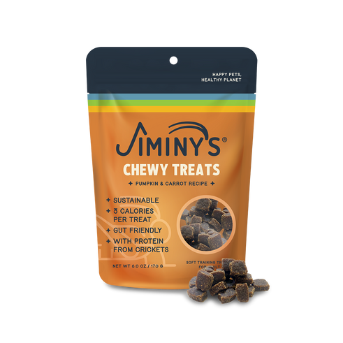 Jiminy's Pumpkin and Carrot: Soft and Chewy Training Treats with Cricket Protein front of the pack