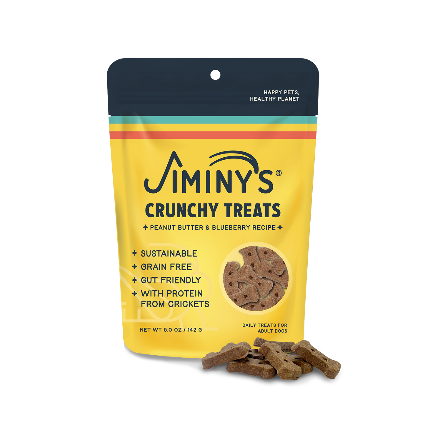 Jiminy's Peanut Butter and Blueberry Recipe Dog Treats - Soft-Baked Biscuits with Cricket Protein and Blueberries front bag