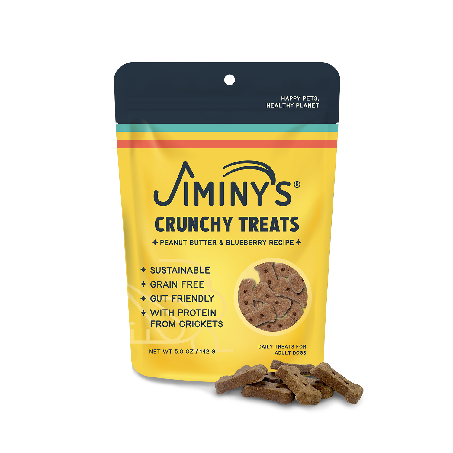 Jiminy's Peanut Butter and Blueberry Recipe Dog Treats - Soft-Baked Biscuits with Cricket Protein and Blueberries front bag