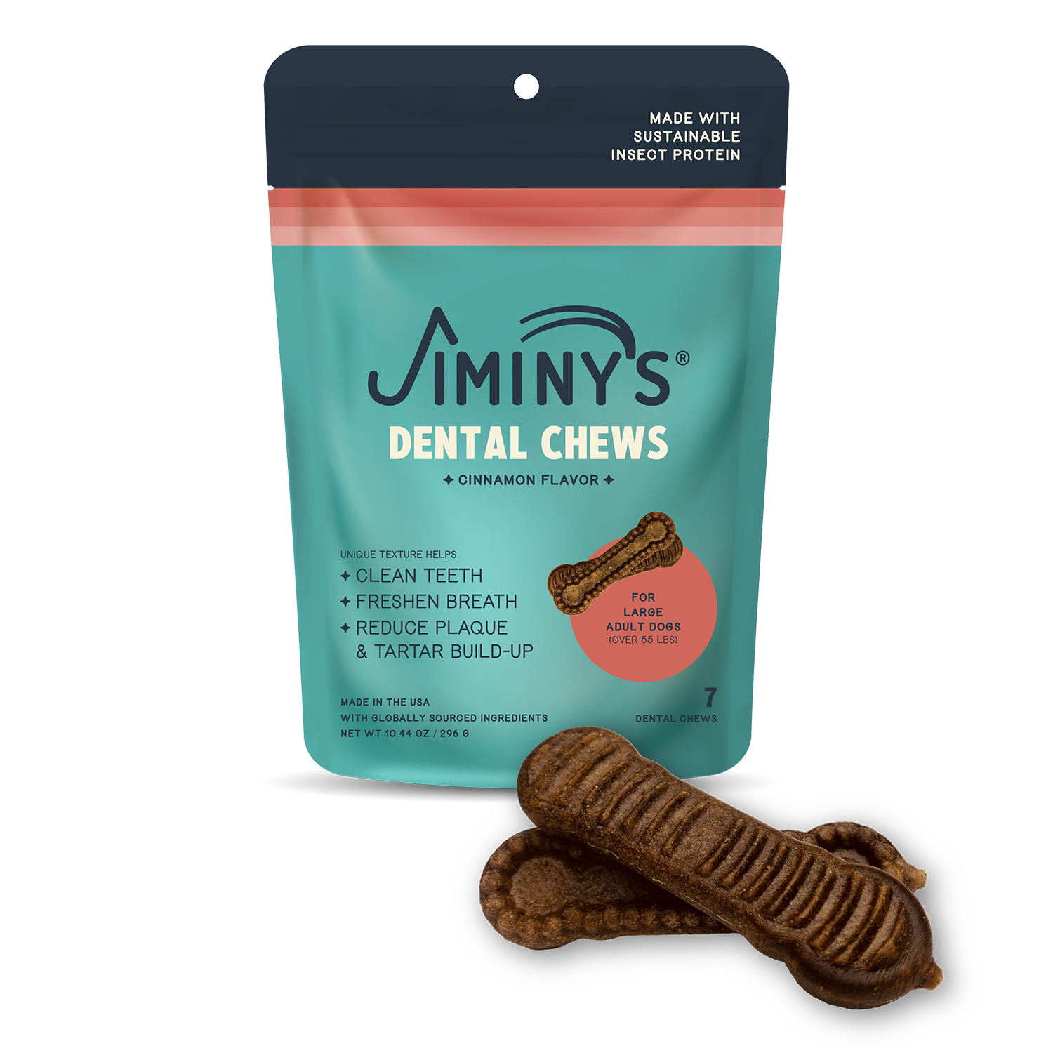 Jiminy's Dog Dental Large Size 7ct cinnamon flavor front