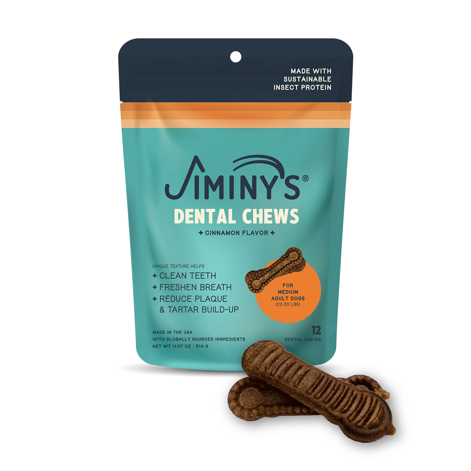 Jiminy's Dog Dental Dental Chews Medium Size 12ct cinnamon flavor front