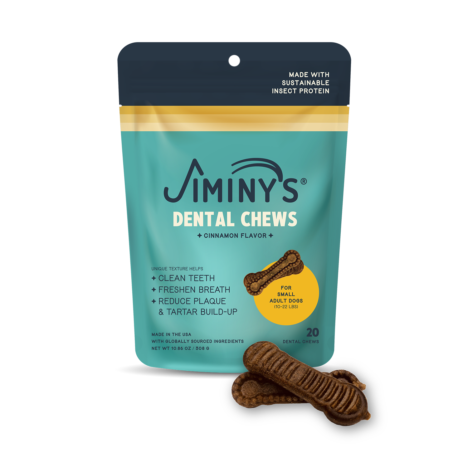 insect protein Jiminy's Dog Dental Dental Chews Small Size 20ct cinnamon flavor front