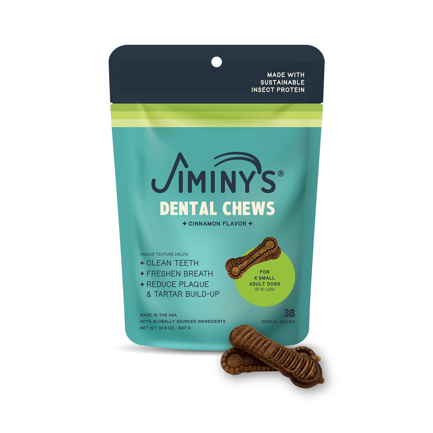 Jiminy's Dog Dental Chews Extra Small Size 38ct cinnamon flavor front