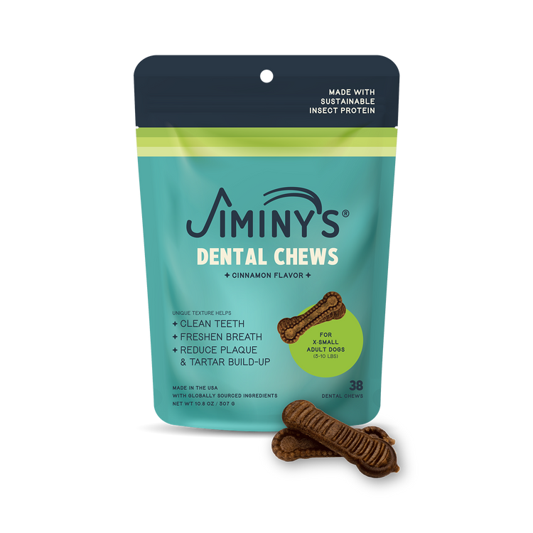 Jiminy's Dog Dental Chews Extra Small Size 38ct cinnamon flavor front