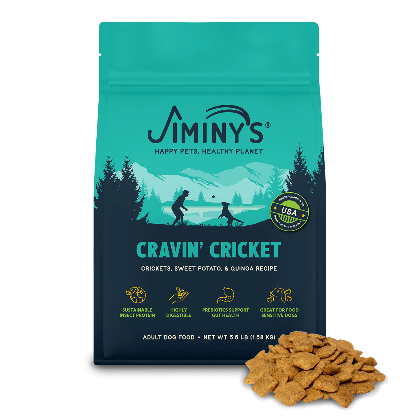 A picture of Jiminy's Cravin' Cricket dog food made with sustainable cricket protein. Food in front of bag.