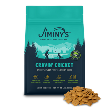 A picture of Jiminy's Cravin' Cricket dog food made with sustainable cricket protein. Food in front of bag.