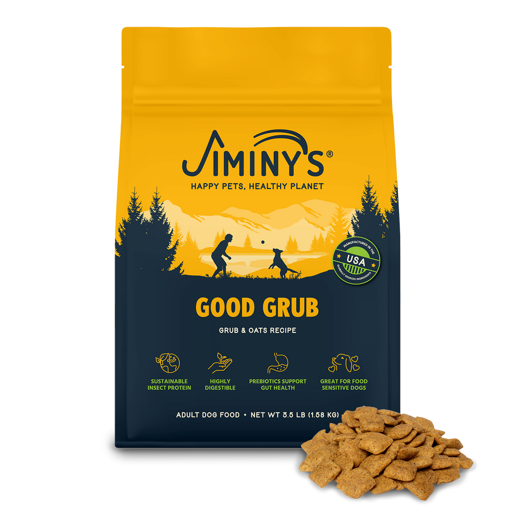 Jiminy's Good Grub Dog Food front of 3.5 lb bag with food in front