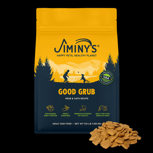 Jiminy's Good Grub Dog Food front of 3.5 lb bag with food in front