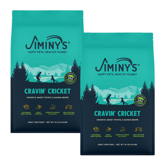 2 bags of Jiminy's Cravin' Cricket sustainable dog food