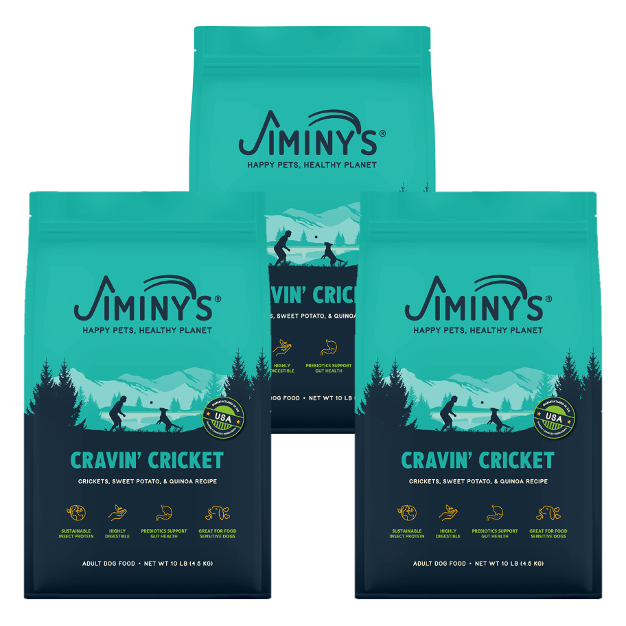 3 bags of Jiminy's Cravin' Cricket Dog Food