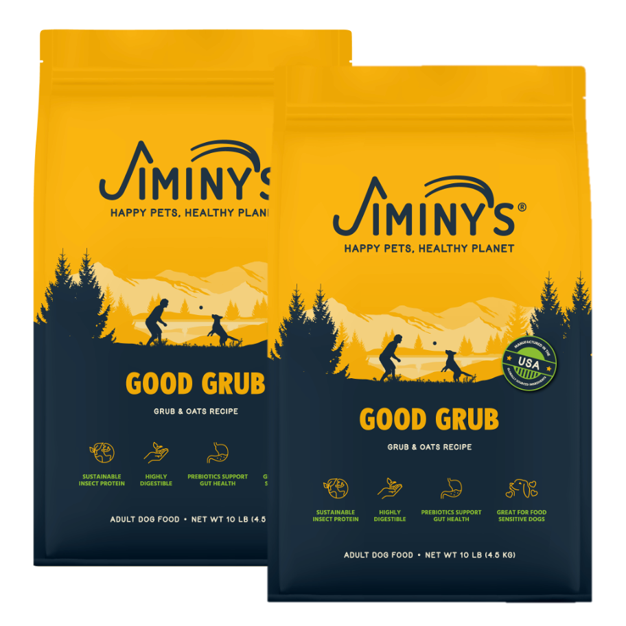 Two ten pound bags of Jiminy's Good Grub sustainable dog food made with insect protein
