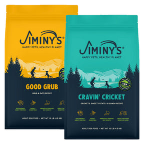 2 ten pound bags of Jiminy's Dog Food, Cravin' Cricket and Good Grub