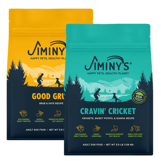 2 Bags of Jiminy's Food, rotation Diet containing Cravin' Cricket and Good Grub Dog Food