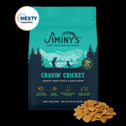 A picture of Jiminy's Cravin' Cricket dog food made with sustainable cricket protein. Food in front of bag.