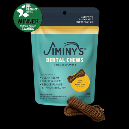 insect protein Jiminy's Dog Dental Dental Chews Small Size 20ct cinnamon flavor front