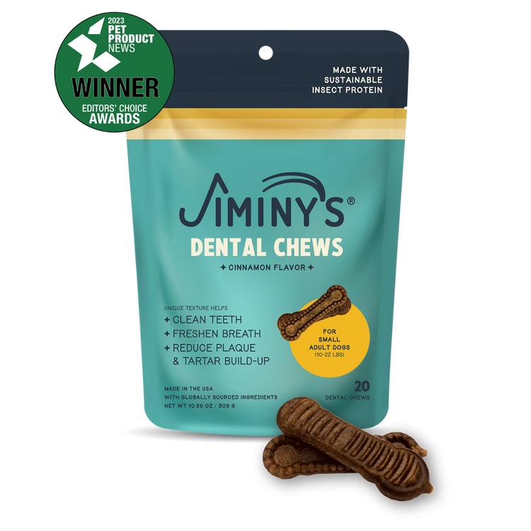 insect protein Jiminy's Dog Dental Dental Chews Small Size 20ct cinnamon flavor front