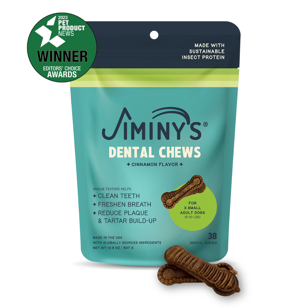 Jiminy's Dog Dental Chews Extra Small Size 38ct cinnamon flavor front