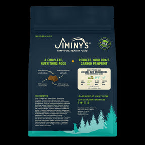 Back of bag of Jiminy's Cravin' Cricket dog food.