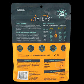 PUMPKIN AND CARROT RECIPE SOFT AND CHEWY insect protein Jiminy's TRAINING TREATS bag back