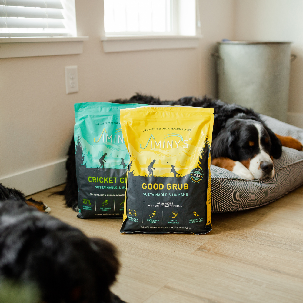 dog with Jiminy's Rotation Diet Combo Pack: Cravin' Cricket and Good Grub Dog Food 